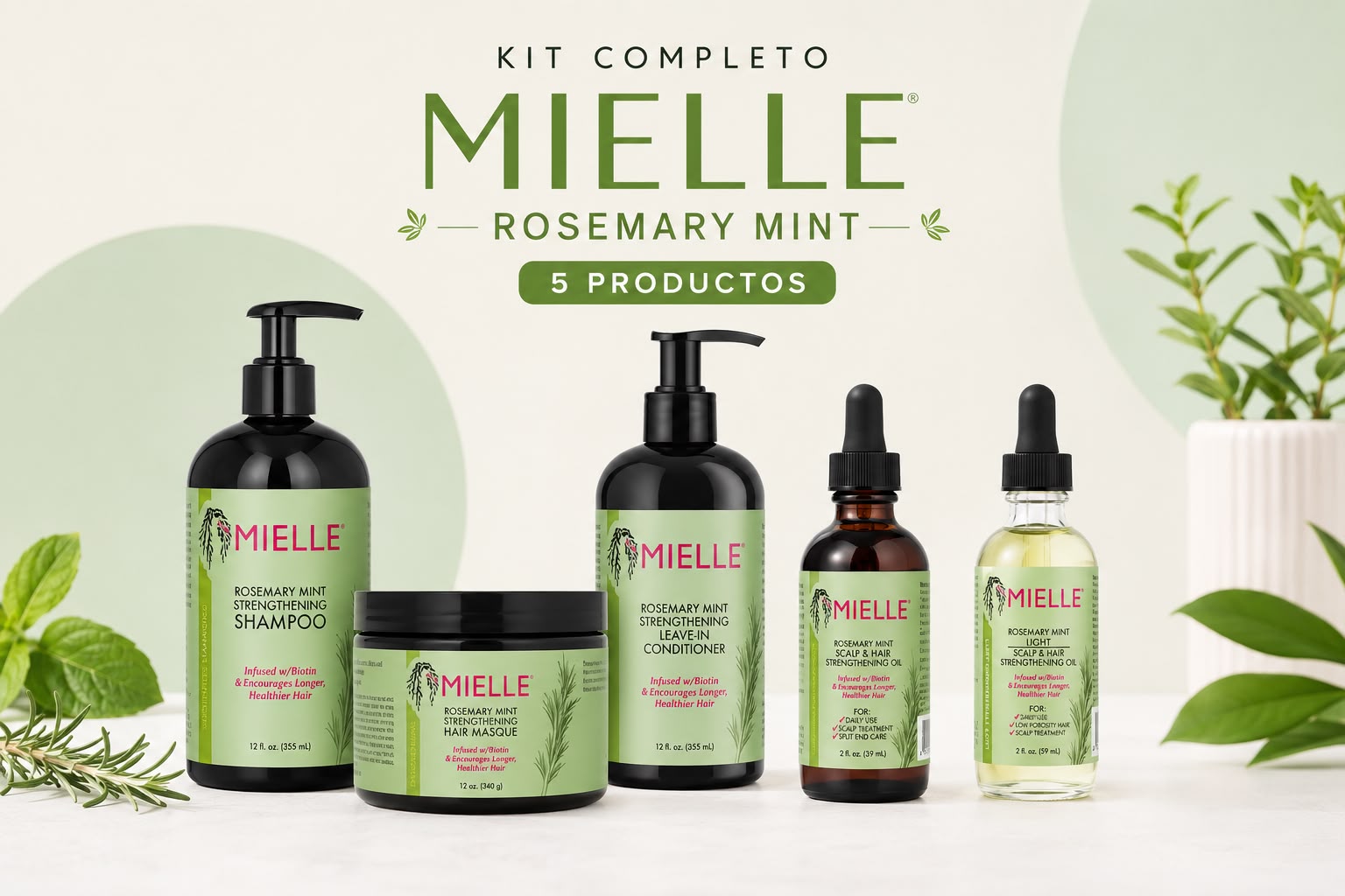 Kit Completo Mielle Rosemary Mint – Rutina Capilar de 5 Productos | Fortalece, Nutre y Estimula el Crecimiento